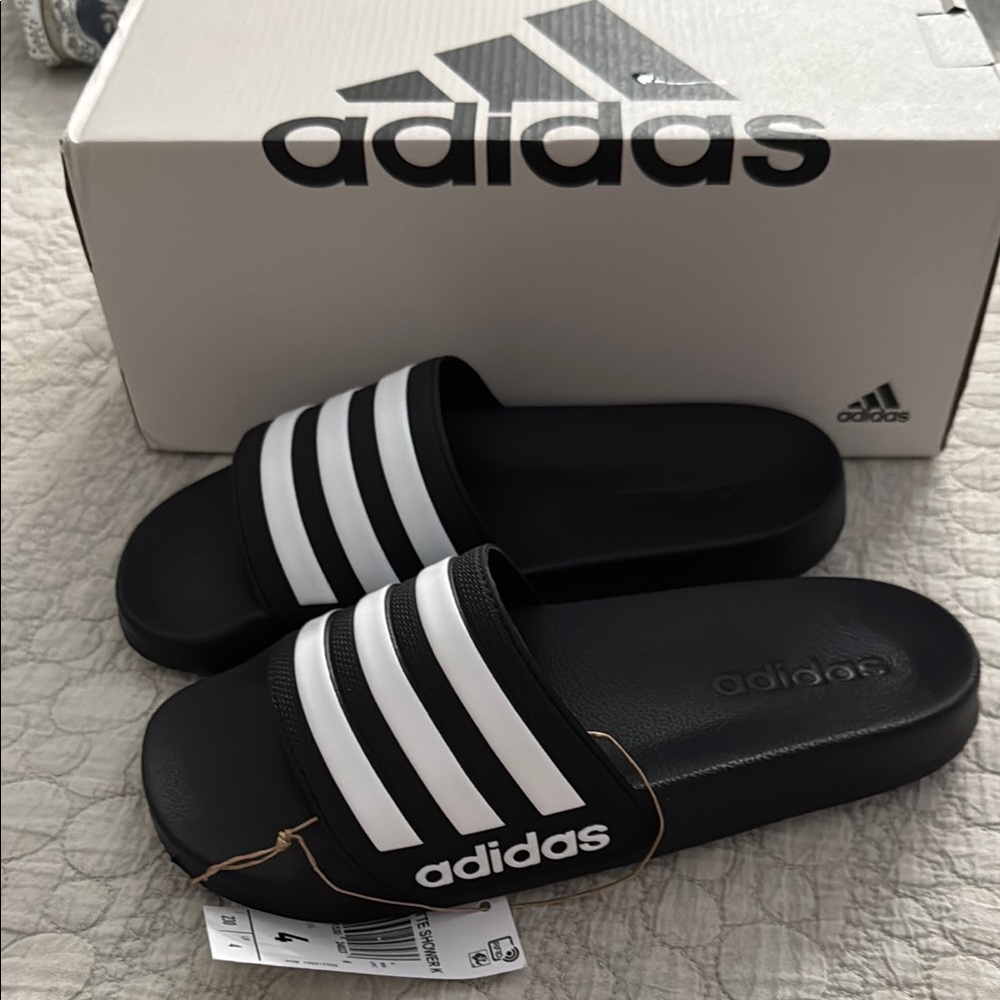 Adidas Classic Black Slides with White Stripes